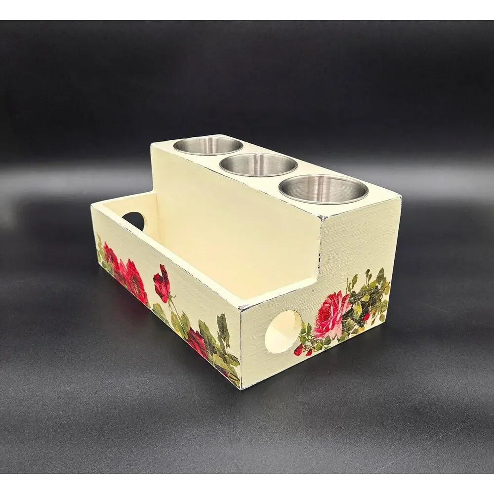 Cream Floral Wooden Desk Organizer – 3 Metal Cups & Front Storage Slot